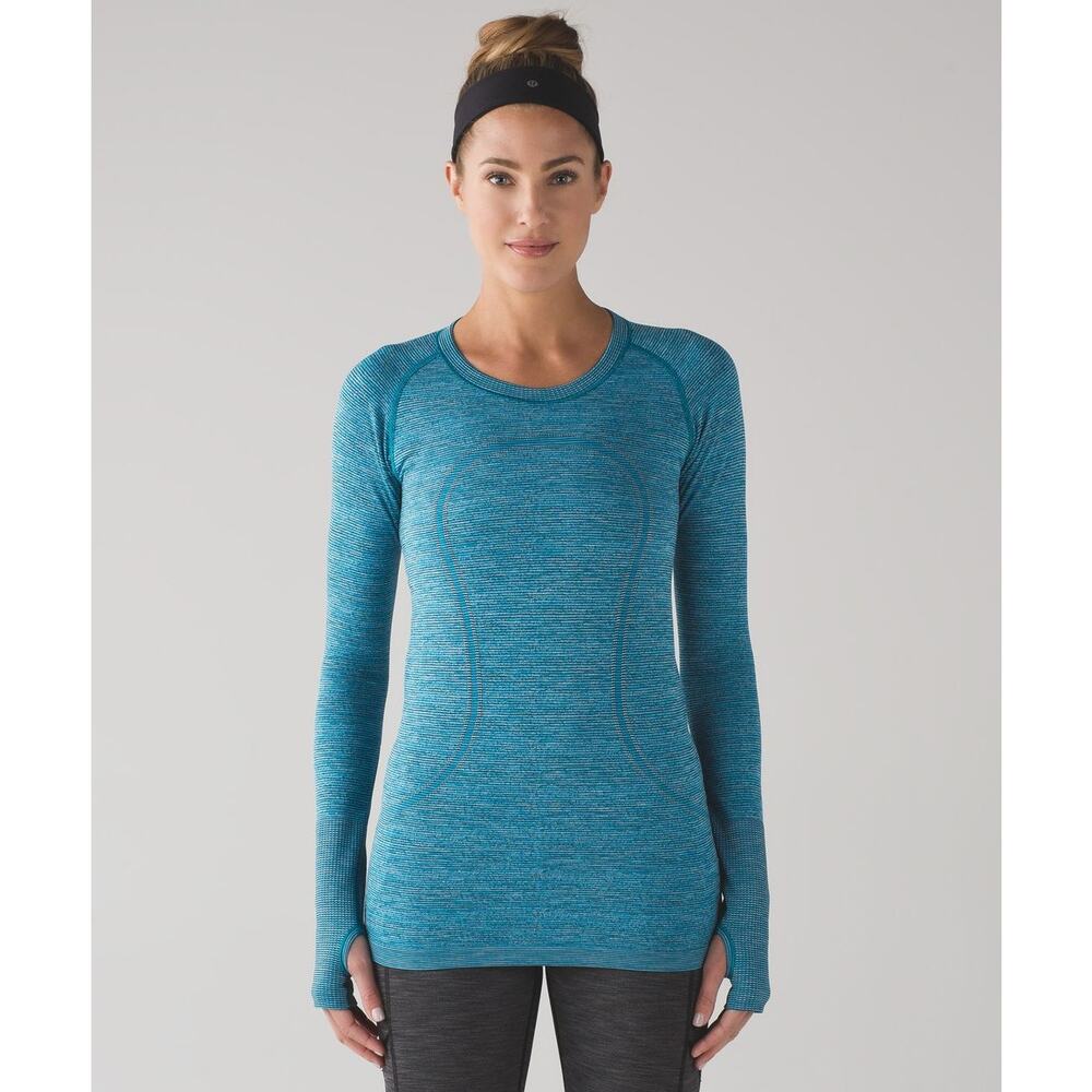 Lululemon Swiftly Tech Long Sleeve Crew Indian Ocean Teal Blue Black Size 8